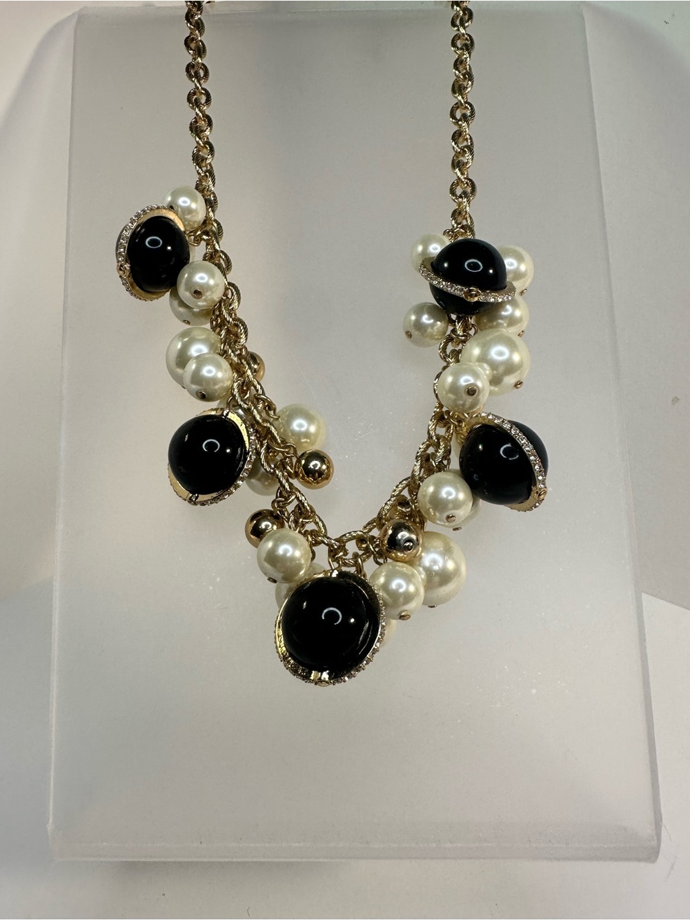 Gold Chain Necklace with Black Cabochons and Pearl Clusters